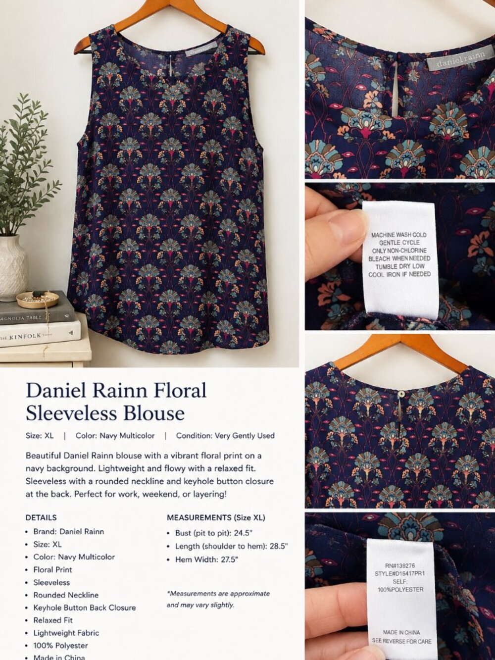 Daniel Rainn Navy Floral Sleeveless Blouse Keyhole Back XL